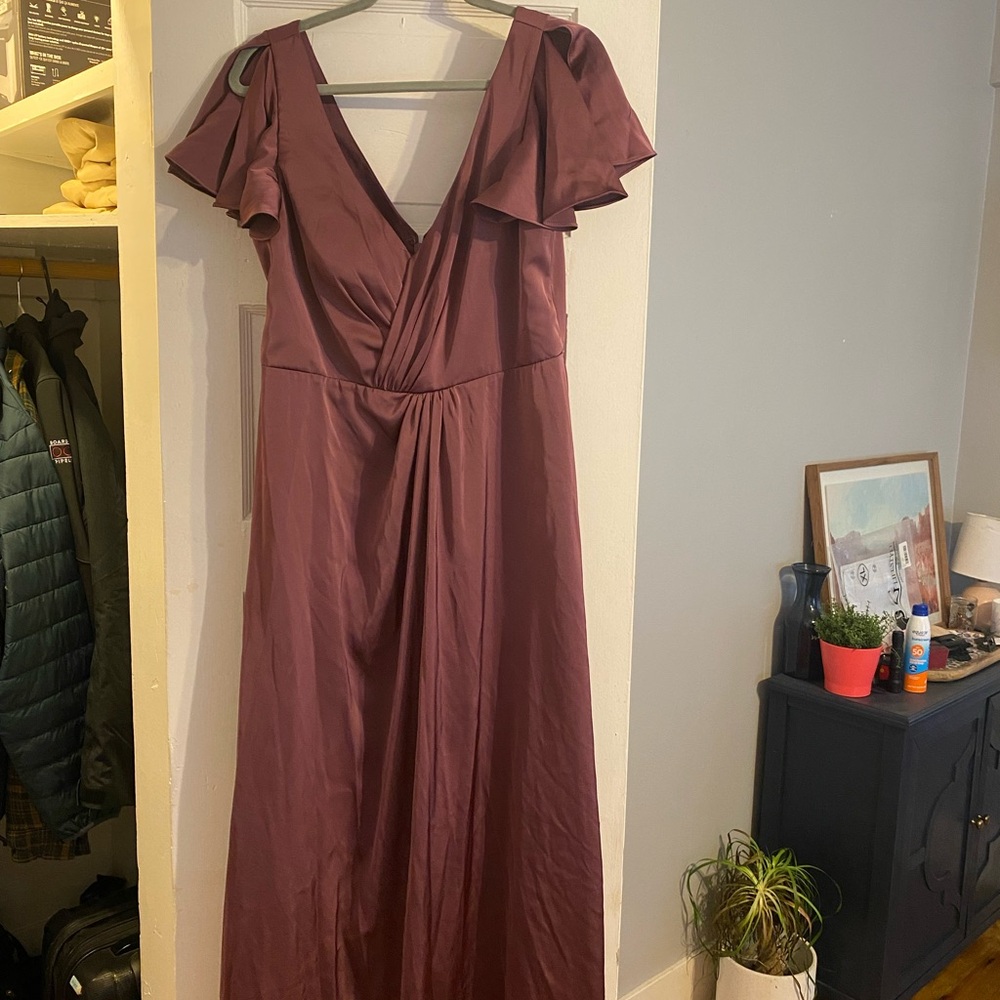 Azazie Pink Ruched Maxi Gown with Flutter Cap Sleeves